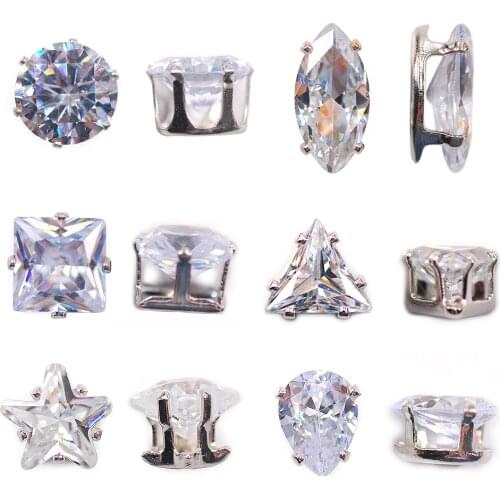 Sewing Supplies Multiple Shapes Crystal Clear AAA+ Cubic Zirconia with Silver Single Claw For DIY Clothing Decoration