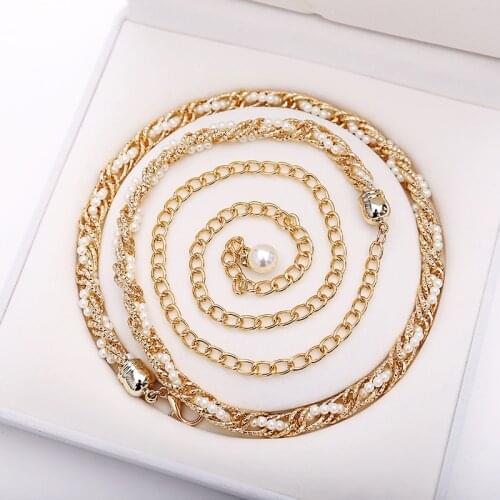 New fashion luxury metal winding pearl waist chain ladies versatile dress clothing chain belt accessories gold chain belt