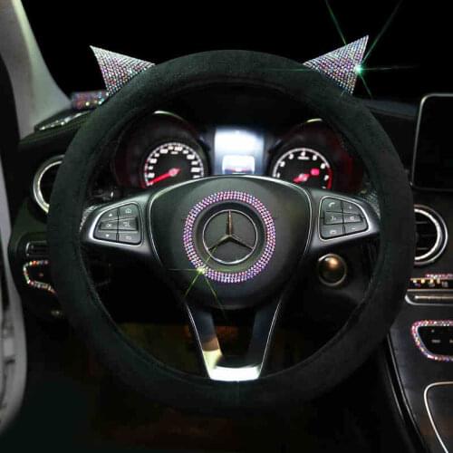 Cute Ear with Rhinestones Steering Wheel Covers Winter Warm Plush Anti Slip Steering-Wheel Case For Girls Interior Accessories