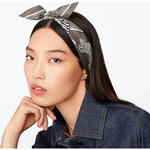 Spring and summer new womens satin silk scarf zebra print luxury brand tie bag handle ribbon street style ladies turbans M