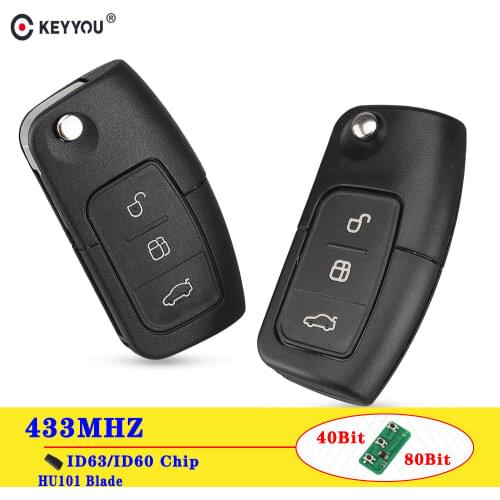 KEYYOU 433MHz 4D63 Chip 3 Button Flip Folding Remote Control car Key for Ford Focus 2 3 mondeo Fiesta key Fob Case HU101 Blade