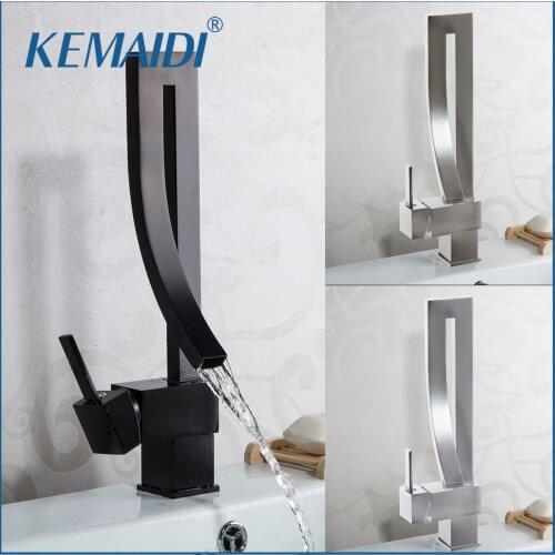 KEMAIDI Black Brass Basin Faucet Single Handle Waterfall Basin Mixer Tap Hot & Cold Bathroom Faucets Sink Waterfall Faucet Drain