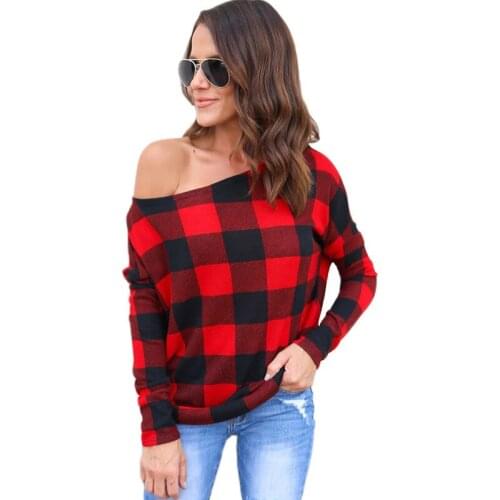 Black Red Plaid Print Tops and Shirts for women Fashion Autumn Skew Collar Long Sleeve Off Shoulder Loose Ladies Shirt Female