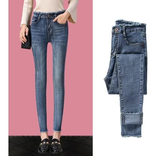 Denim fabric spring jeans women jeans washed pencil jeans high waist ankle-length pants elastic slim trousers students jeans