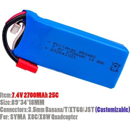 High Quality 7.4V 2700MAh 25C 14.8WH Lipo Battery With T/XT60/JST Customizable Connectors For Syma X8C/X8G/X8HW/X8HC Quadcopter