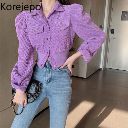 Korejepo Women Blouse 2021 Autumn Winter New Korean Chic Retro Gentle Shirt All-match Puff Sleeve Short Thin Single-breasted Top