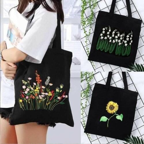 Women DIY Flower Embroidery Single Shoulder Bag Canvas Handbag Shopping Bag Needlework Cross Stitch Sewing Art Handcraft Kit