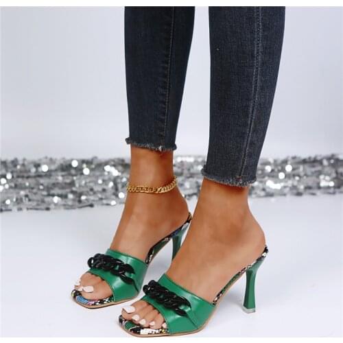 New Womens Sandals Woman Pumps Sexy Shoes Slippers Summer Girls 2021 Fashion High Heels Chain Decoration Square Toe Slides