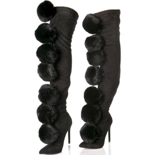 2018 Spring Fashion Women Pom Pom Over The Knee Boots Stretch Suede Leather Boots Sexy Pointy Toe Slip On Ladies High Heel Boots