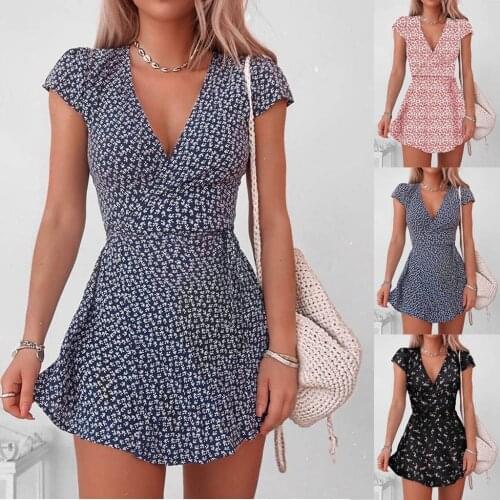 Women Dresses Summer 2020 Sexy V Neck Floral Print Boho Beach Dress Ladies Short Sleeve A Line Mini Dress Sundress Robe 2021