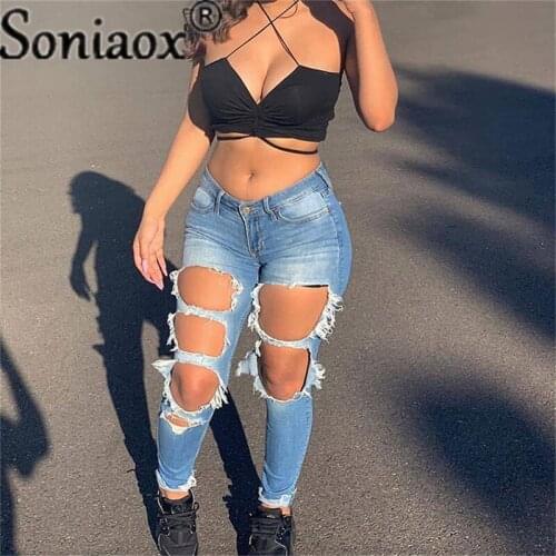 2021 Women Sexy Hollow Slim Fit Jeans Fashion Solid Color Ripped Hole Tassel Stretch High-Waist Denim Pencil Long Pants Trousers
