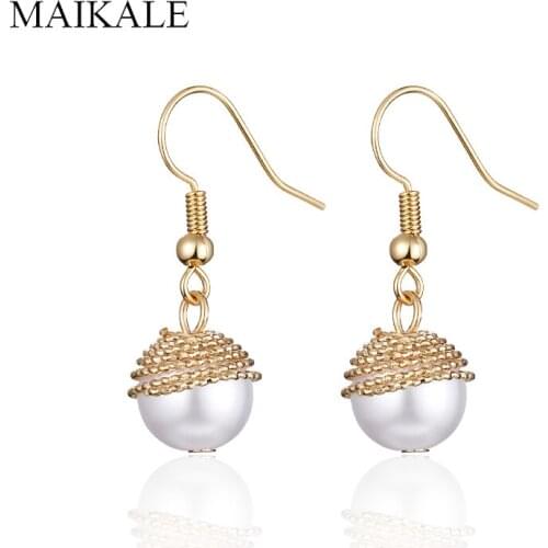 MAIKALE Round White Pearl Earrings Gold Color Hook Drop Earrings with Pearl Geometric Long Earings for Women Jewelry Girls Gift