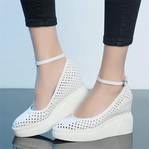 Women Ankle Cross Strap Cow Leather Sports Gladiator Sandals Ladies Platform Wedge High Heel Mary Jane Shoes Female Casual Shoes