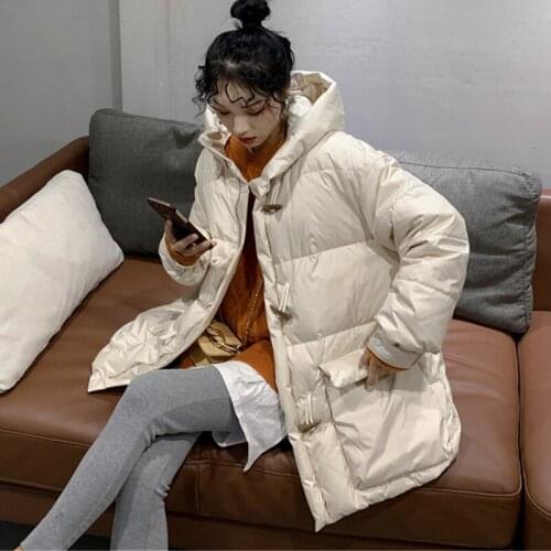 2020 Winter New Korean Fashion Thick Down Jacket Women Hooded Parkas Warm Horn Button 90% White Duck Down Jacket Loose Outwear