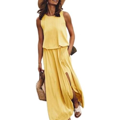 Women Long Dress Yellow Solid Color Split Hem Sexy Round Neck Sleeveless Summer Women Dress Streetwear