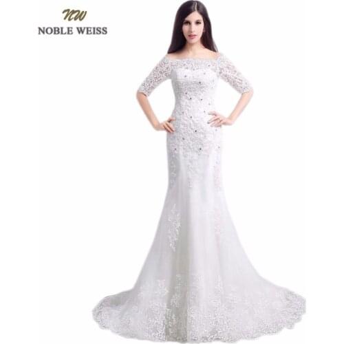 In Stock Boat Neck Lace Beading Lace-up Back Mermaid Sweep Train Wedding Dresses With Half Sleeves Bridal Dress