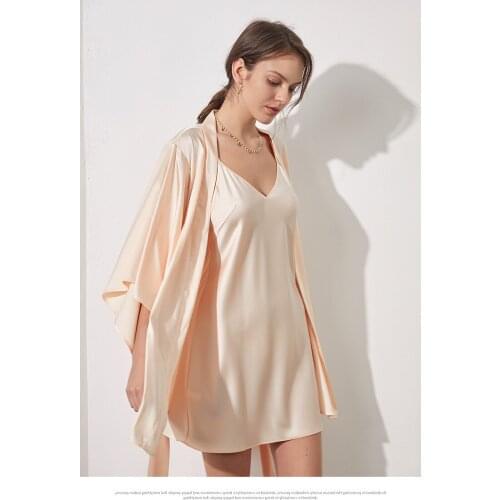 Sling Two-Piece Womens Thin Silk Fabrics Kimono Nightgown Lingerie Mini Dress Robe Set Sleep Set Women Pijamas Dress