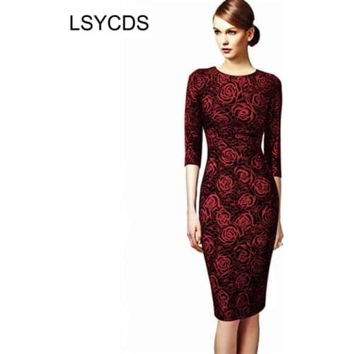 Womens Elegant Floral Print Vintage Fitted Casual Stretch Three Quarter Sleeve Formal Party Office Sheath Bodycon Pencil Dress