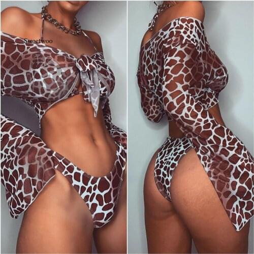 2020 Sexy Long Sleeve Swimsuit Three-Piece Leopard Bikinis Low Waist Lace Up Bathing Suit Swimsuit Beachwear Brazilian Biquini