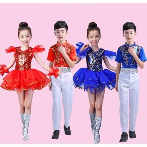Children Stage Costumes Sequin Fluffy Dress Girls Boys Jazz Dance Performances Tops+pants School Students Party Chorus Suits