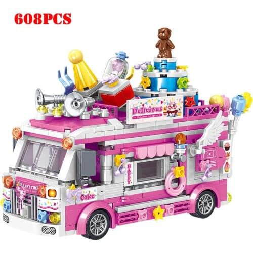 City Food Snacks Car Micro Building Block DIY Fruit Sushi Cart Dessert Trolley Hamburg Car Ice Cream Truck Mini Bricks Toys Kids