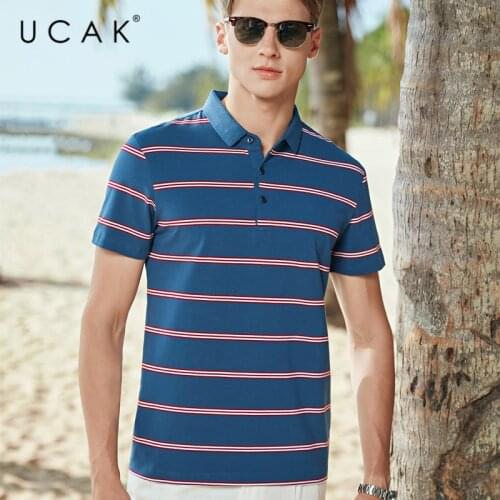 UCAK Brand Classic Turn-down Collar Striped T-Shirt Men Clothes Summer New Fashion Style Streetwear Casual Cotton Tee Tops U5589
