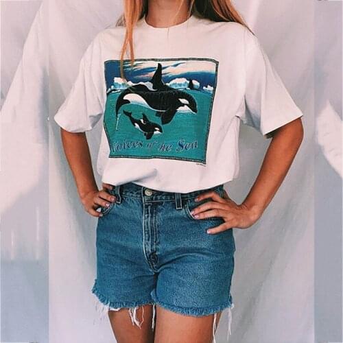 Ocean Dolphin Print White Loose New Graphic T Shirts Women Fashion Tops Short Sleeve Casual T Shirt Summer Plus Size Beach Style