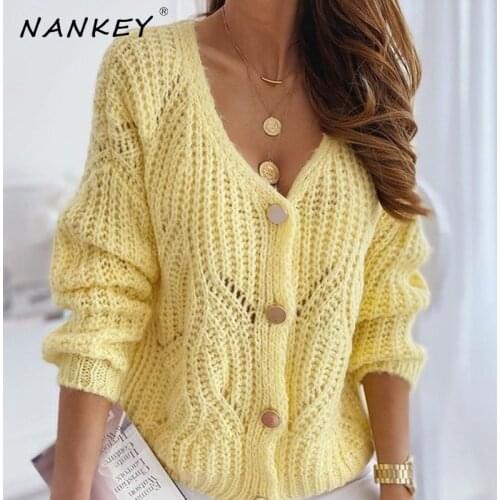 NANKEY Casual Knitted Cardigan For Women Female Autumn Winter Loose Lantern Sleeve Sweater Cardigan Basic Button Ladies Sweater
