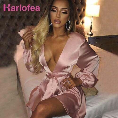 Karlofea New Autumn 2020 Satin Dress For Woman Sexy Deep V Satin A Line Vestidos Female Club Party Celebrity Outfits Dresses