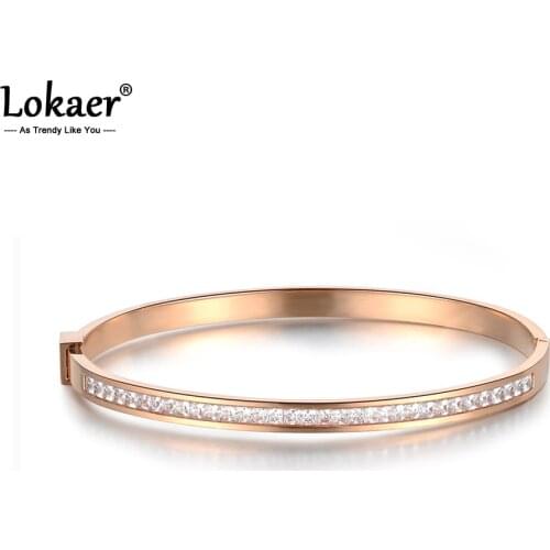 Lokaer Classic Stainless Steel Rose Gold Color Cubic Zirconia Cuff Bangles Bracelets Lovers Jewelry Valentines Day Gift B18047