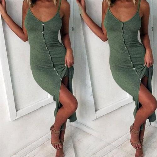 2020 Summer Spaghetti Strap Midi Bodycon Dress Fashion Sexy V-Neck Sleeveless Slip Dress