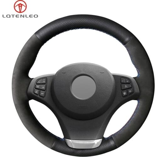 LQTENLEO Hand-stitched Car Steering Wheel Cover Black Genuine Leather Suede For BMW E83 X3 2003-2010 E53 X5 2000-2006