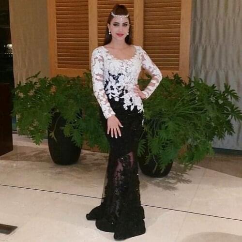 2015 Latest White and Black Lace Evening Dresses Long Sleeves Mermaid prom dresses Applique Beaded Vintage Prom Party Dresses