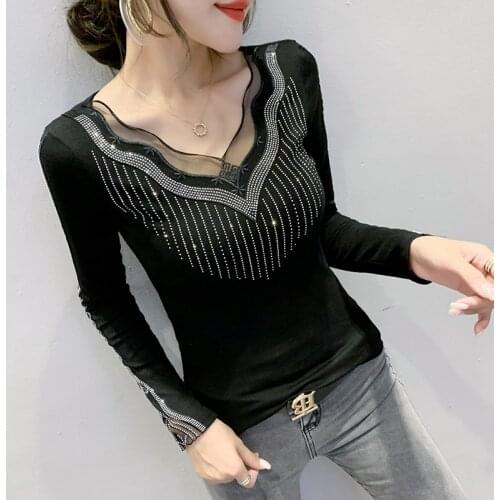 New 2020 Autumn winter woman tshirts Fashion long sleeve v-neck Mesh tops Elegant slim Diamonds Womens shirt mujer camisetas