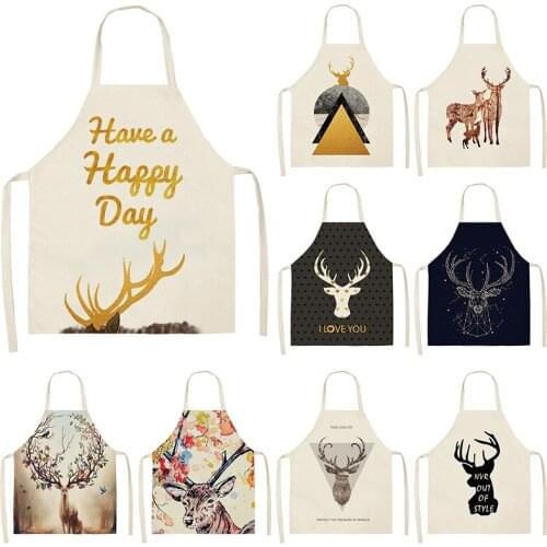 Deer Letter Geometric Kitchen Aprons For Women Cotton Linen Bibs Household Cleaning Pinafore Home Cooking Apron 53*65cm WQL0197