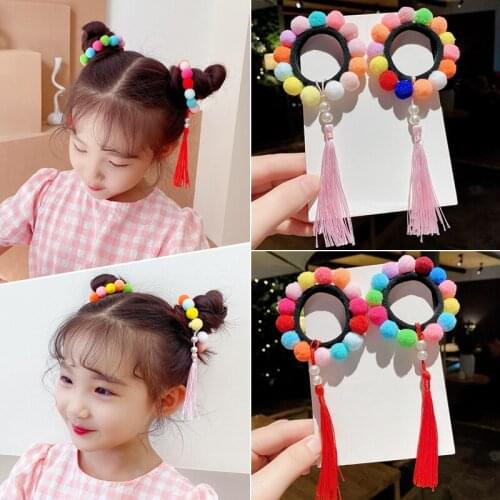 A pair of childrens balls hair ornaments colorful balls fringed hair ties girls baby princess cute rubber band headdress