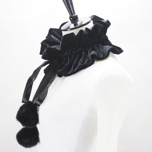 Womens Victorian Ruffled Decorative Fake Collar Pleated Black Pleuche Velvet Neck Ruff Scarf with Adjustable Pompom Ties