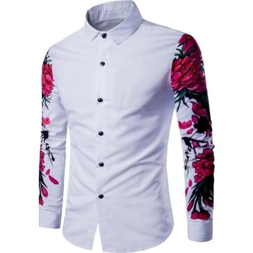 Casual Men Shirts Solid Color Floral Print Long Sleeve Buttons Down Slim Shirt Blouse Mens Clothing 2021