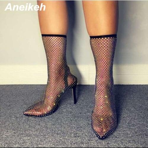 Aneikeh Fashion Glitter Rhinestone Clear PVC Transparent Mesh Sandals Women Shoes Pointed end Stilettos High Heels Sandals Party