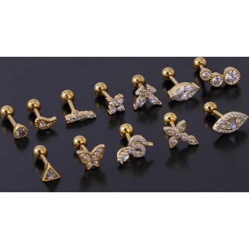 1 PCS Cute Gold Color Zircon Butterfly Heart Wing Ear Cartilage Stud Cuff Earring Small Copper Steel Helix Bar Ball Ear Jewelry