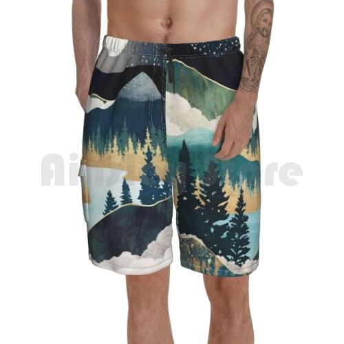 Star Lake Beach Shorts Men Beach Pants Swim Trunks Stars Lake Water Nature Landscape Mountain Forest Trees Blue Teal