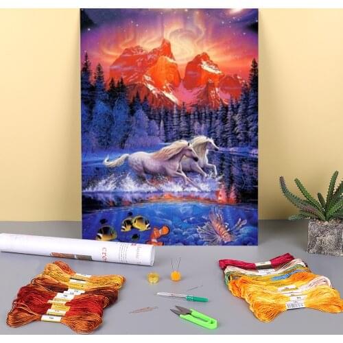 Animal Horse Printed Fabric 11CT Cross-Stitch DIY Embroidery Full Kit DMC Threads Hobby Painting Handicraft Needlework Magic