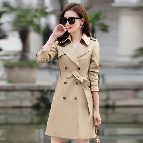 New 2021 Spring Womens Trench Coat Double Breasted Autumn Coat Mid-Length Large Size Elegant Women Trench Outerwear With Belt