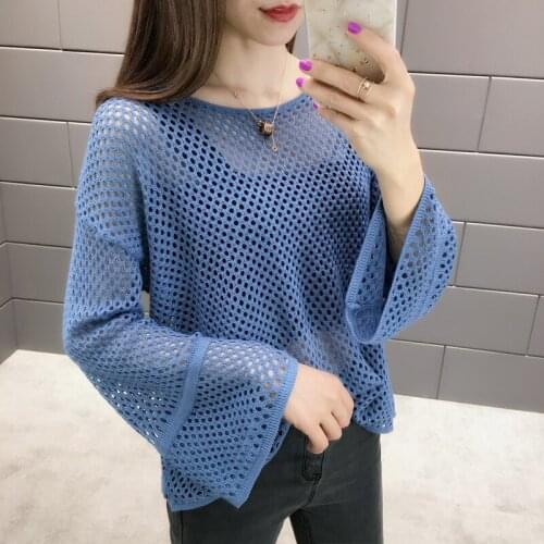 2019 spring new Casual O-Neck Tops women fashion Hollow Knitted Pullovers blue Loose Thin Sweater women