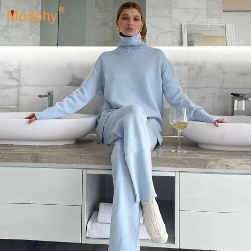 Free Shipping Casual Knitted Two-piece Sets High Neck Sweater & Wide leg pants Set Women Loose Pullover Knitwear Suit 2021