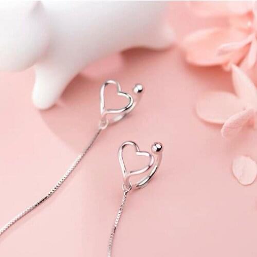 925 Sterling Silver Simple Delicate Heart Shape Clip Earrings For Women Chain Earrings oorbellen pendientes S-E1052