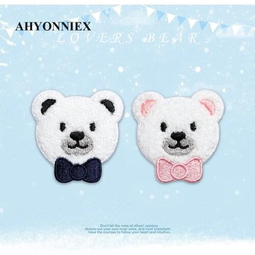 AHYONNIEX Plush Animal Embroidery Decorative Patch Cute Mobile Phone Notebook Self-adhesive Bow Bear Cloth Sticker