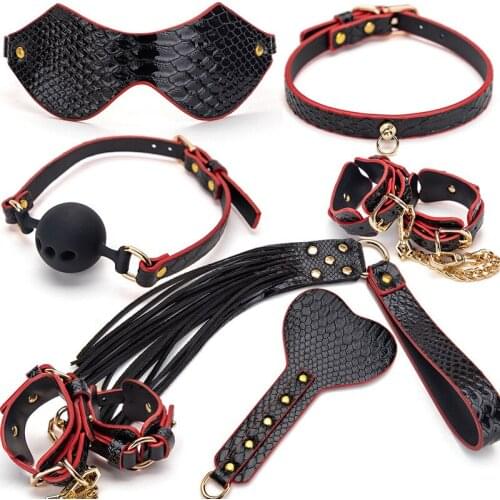 BDSM Kits Crocodile pattern Leather Bondage Set Fetish Handcuffs Collar Gag Whip Erotic Sex Toys For Women Couples Adult Games