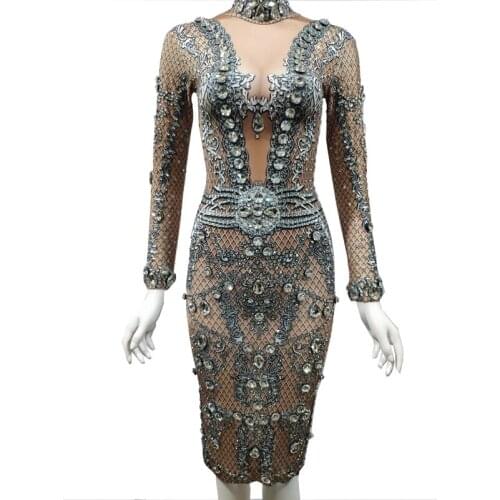 Sparkly Silver Crystals Long Sleeve Dress Women Evening Birthday Party Dresses Sexy Club Outfit Singer Stage Performance Costume