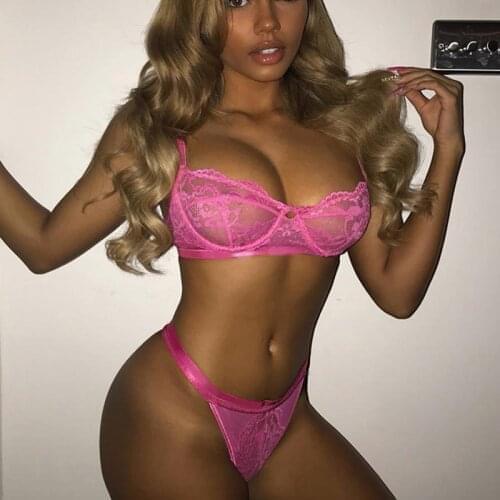 Sexy Bra And Panty Set Lace 3/4 Cup Brief Set Transparent Comfortable Underwear Sets Rose Red Lingerie Seamless Bras For Women